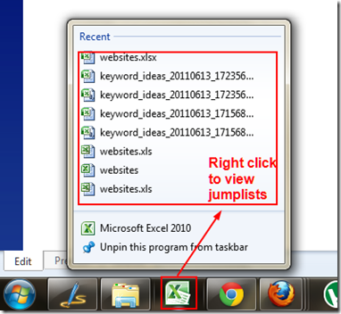 jumplist for Windows 7 task bar thumb