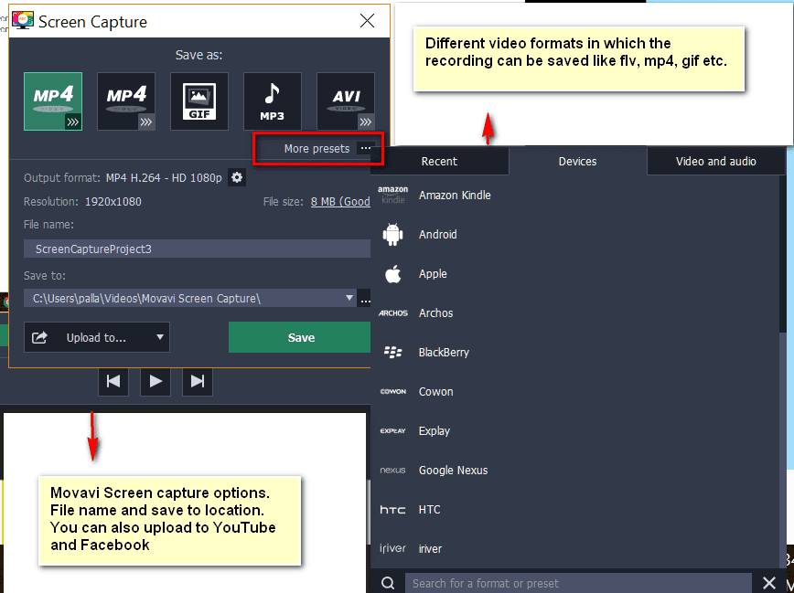 record desktop laptop screen in different video formats mp4 flv wmv
