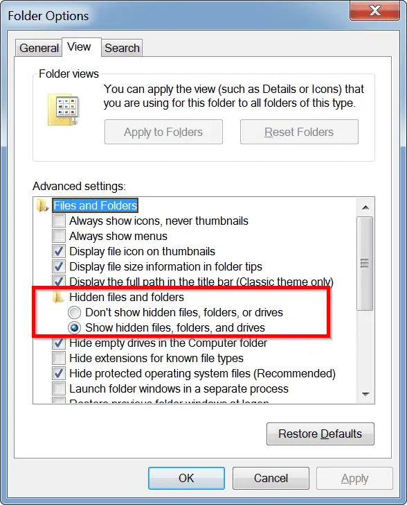 view hidden folders files windows 7