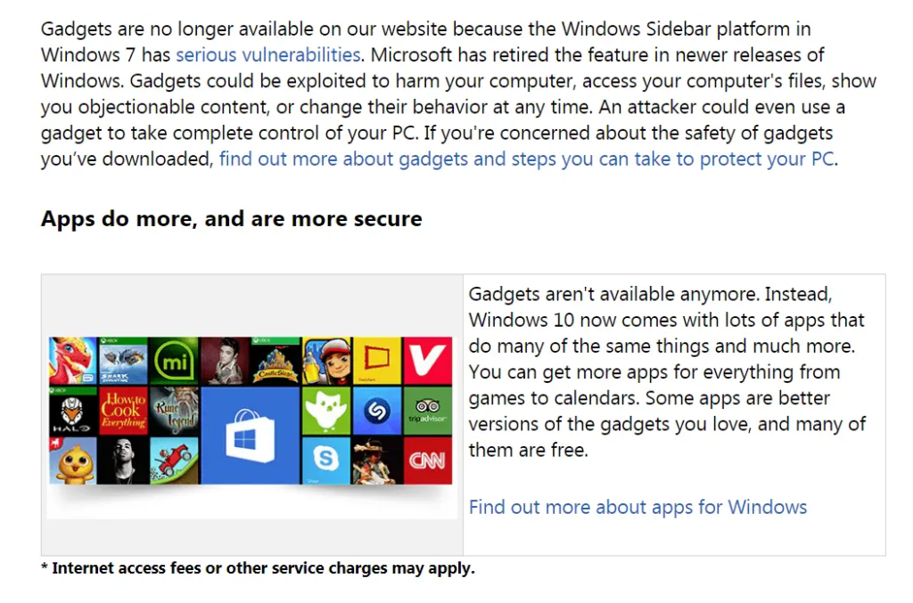 windows 7 gadets discontinued