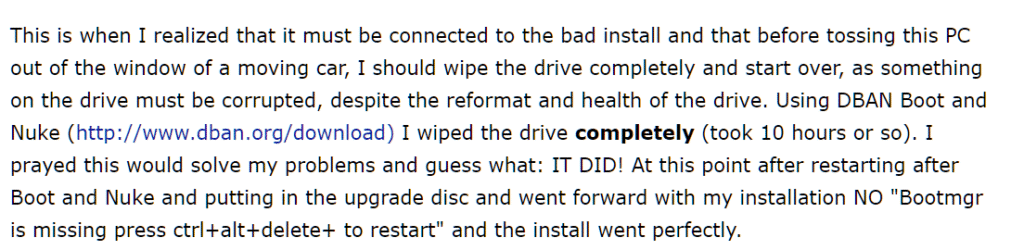 wipe disk solution fix bootmgr missing error windows 10 8.1 7 vista